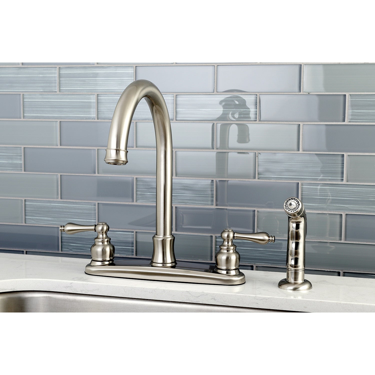 Kingston Heirloom FB7798ALSP - Victorian Two-Handle 4-Hole 8" Centerset Kitchen Faucet with Side Sprayer, Brushed Nickel — thumbnail 2